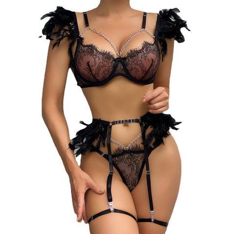 Erotic Lingerie Feather Four-piece Lace Splicing Chain